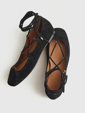 Madewell The Greta Lace-Up Ballet Flat in Black Suede Size 10